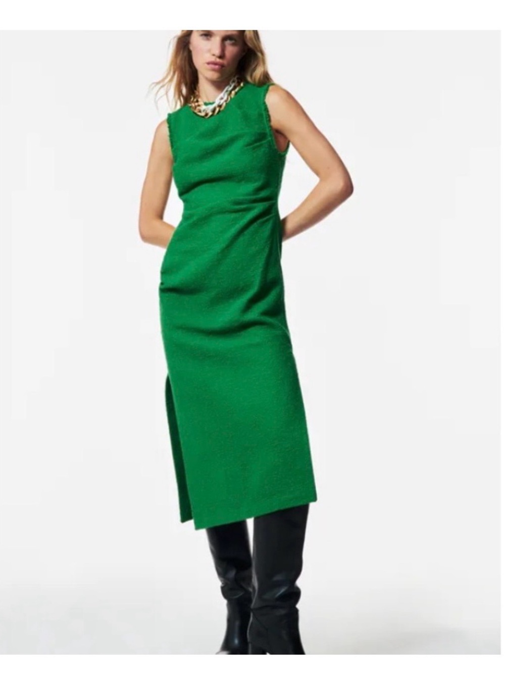 ZARA Tweeted Green Sleeveless Midi Dress with Side Slit Size XL